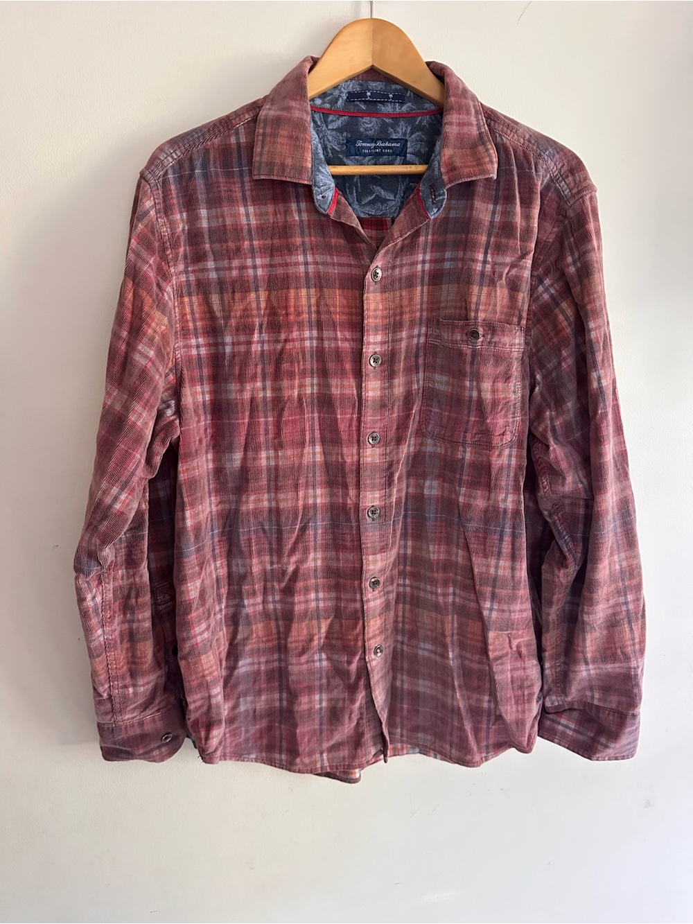 Tommy Bahama Coastline Cord Plaid Corduroy Shirt Men’s Red Stretch